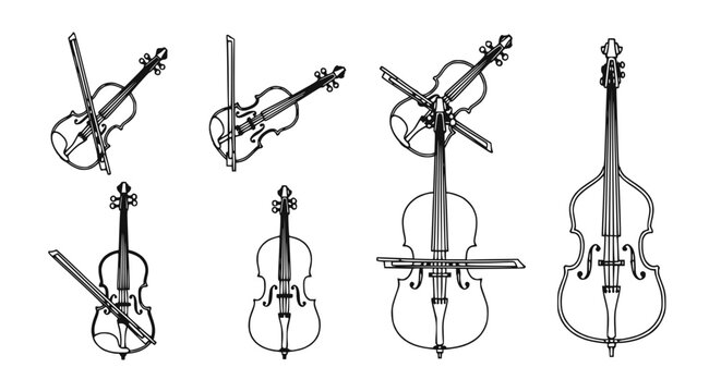 Collection of Stringed Musical Instruments: Violin, Cello, Double Bass