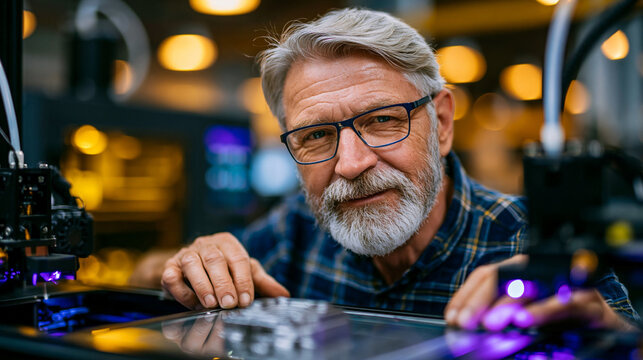 Elderly machinist adjusting calibration arms on a large-format 3D printer mid-cycle, warm amber workshop lighting casting sharp shadows across the layered titanium part forming, ideal for industrial