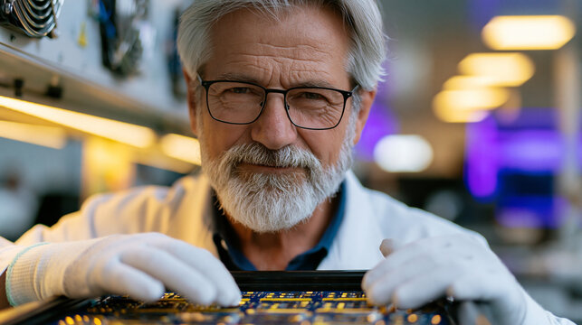 Elderly electronics assembler placing components on an SMT production line tray with cotton-gloved hands, clean room ventilation units visible along the ceiling, warm overhead fluorescents brighteni