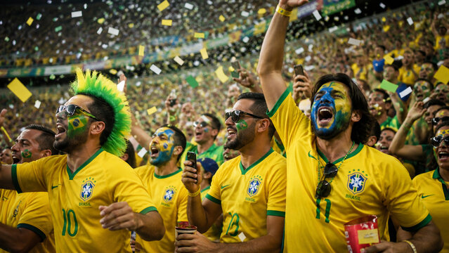 A vibrant group of Brazil football fans wearing yellow and green jerseys, with faces painted in national flag colors, celebrating energetically in a packed stadium.