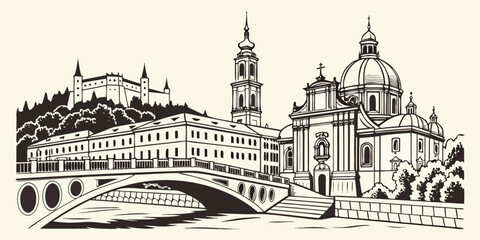Obraz premium Ljubljana City Skyline Vector Art | Castle & Dragon Bridge Silhouette Download