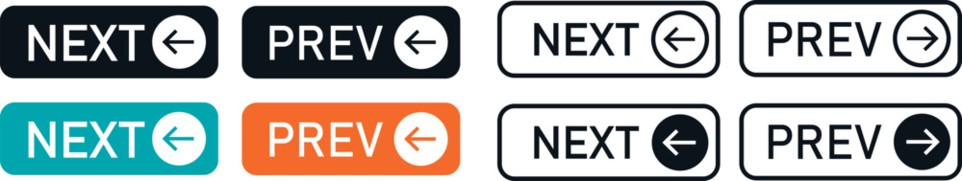 next and previous button icon set, featuring professional vector symbols.High-quality directional arrow signs and button collection, versatile vector graphics 

