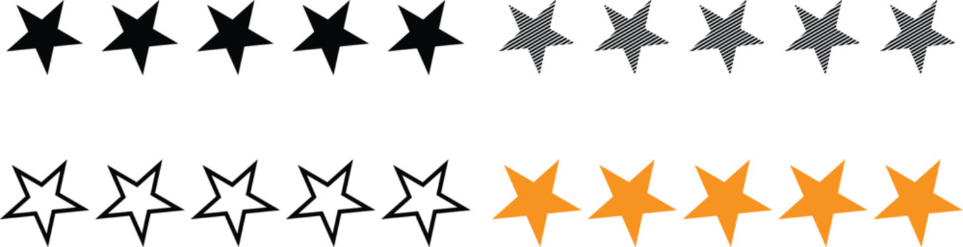 Five stars rating system vector illustration with solid hatched and outline graphic styles.