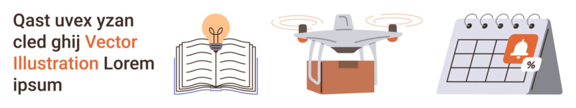 Education, innovation, logistics, delivery services, time management, notifications. Open book with light bulb, quadcopter carrying a box calendar with alert. Education and innovation illustrated