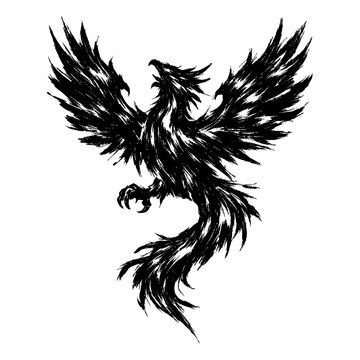 Phoenix Silhouette, Black silhouette of a phoenix with wings spread, rendered in flame-like style, symbolizing rebirth and immortality