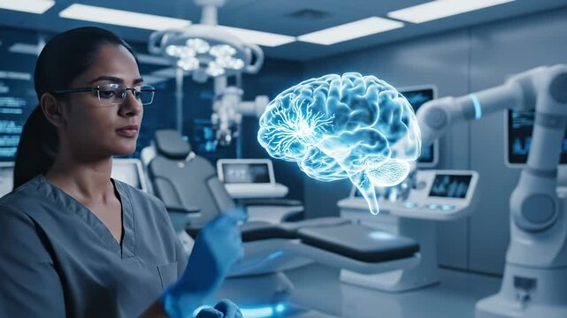 Doctor examines holographic brain in hospital surgery room. Surgeon with glove touches digital brain. Medical robot assists doctor with brain imaging. Surgeon studies brain hologram in hospital.