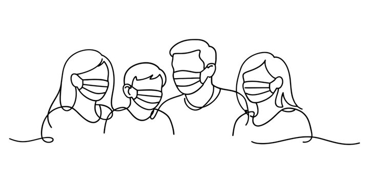 Masked People Line Art, Minimalist continuous-line drawing of a group of people wearing face masks, symbolizing health and safety.