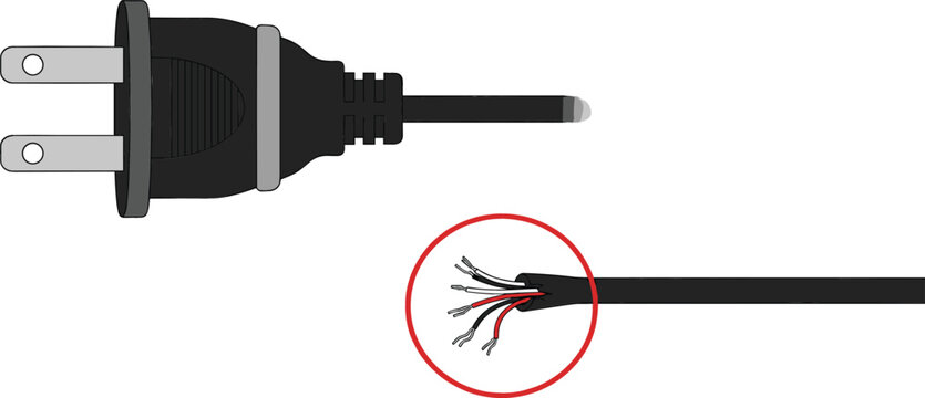 Damaged electrical power cable with exposed wires and plug, safety hazard concept illustration, broken cord risk of electric shock vector design