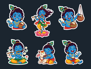 Fototapeta premium Cute Little Krishna Sticker Set, Indian Deity Illustrations