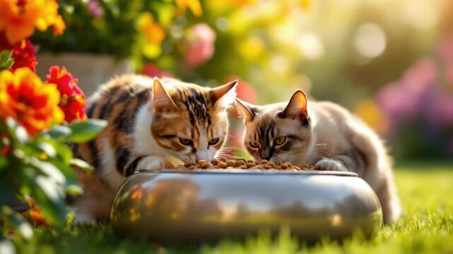 Two adorable cats playing in a vibrant garden with flowers