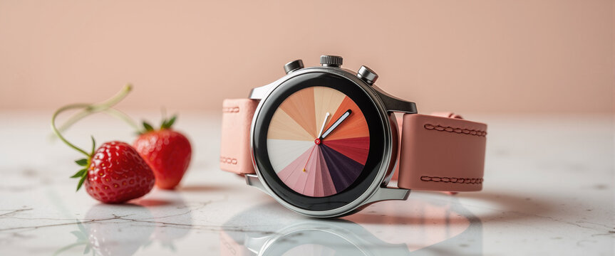 Colorful smartwatch with pastel color dial and strawberries on marble  