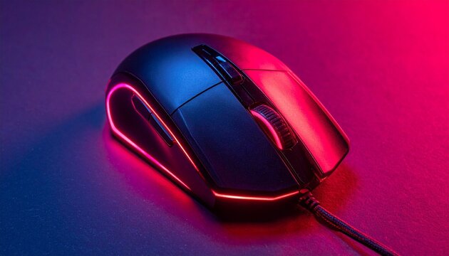 "Sleek black wired computer mouse glowing red and purple light."