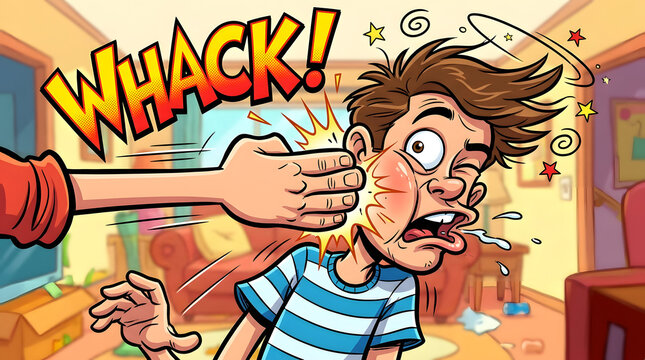 Slap in the Face: A humorous illustration depicts a slap in the face with a loud WHACK! sound effect, capturing a moment of surprise and playful confrontation.