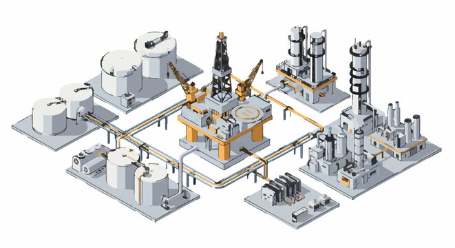 Offshore oil rig and refinery complex illustration isometric view.