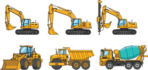 Professional Yellow Construction Vehicle Illustration Set Featuring Excavators, Wheel Loader, Dump Truck, and Cement Mixer for Industrial and Engineering Graphic DesignsProfessional Yellow Constructio © Sonjoy