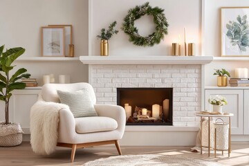 Obraz premium Cozy minimalist white living room with fireplace, green wreath and gold holiday accents
