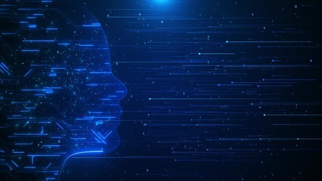 Blue AI profile data background human head silhouette, glowing binary lines, circuit particles, neural technology flow. artificial intelligence , software promos, automation, and digital overlays.