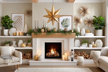 Obraz premium Elegant white fireplace decorated for Christmas with cozy mantel display and gold accents