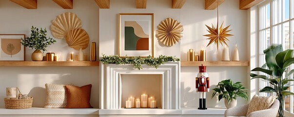 Obraz premium Cozy minimalist living room with white fireplace and elegant Christmas mantel decor