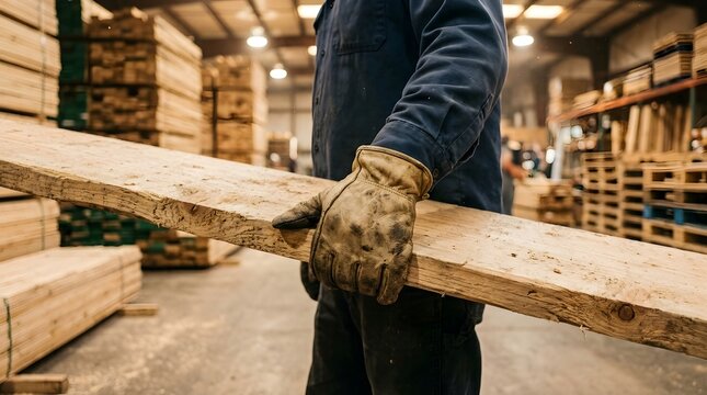Warehouse employee in a blue denim shirt holds a raw timber board while working amidst the vast inventory of a lumber yard.