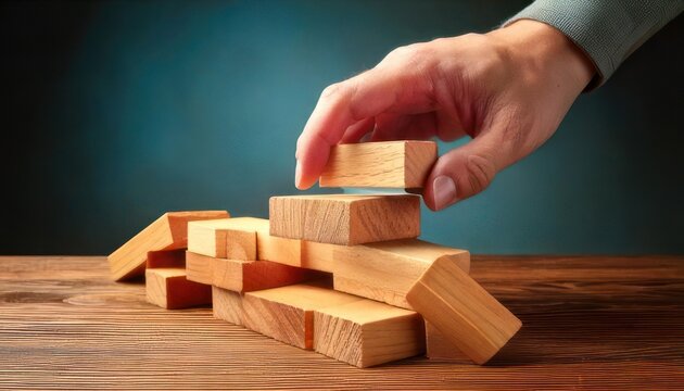 Hand placing wooden block on structure, building and strategy concept.