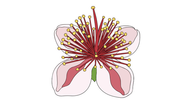 Botanical Illustration of a Feijoa Flower or Pineapple Guava Blossom with Pink Petals and Red Stamens Isolated on White Background