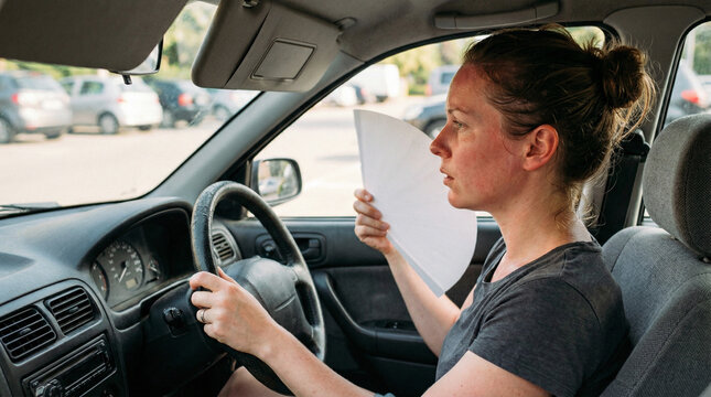 A female driver uses a paper for hand fanning face in summer heat inside a warm car, a picture for auto air conditioning articles.