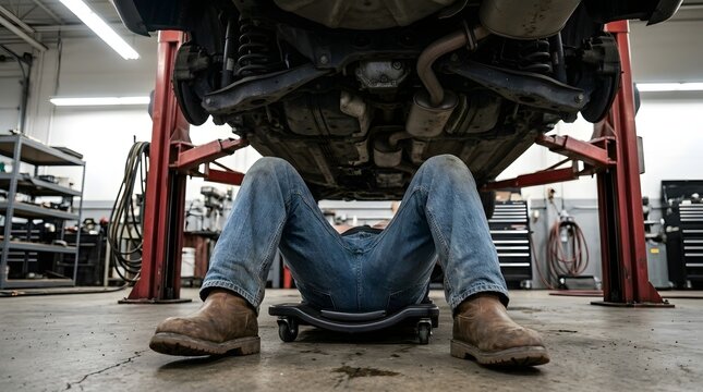 Mechanic lies on a rolling creeper beneath a vehicle in a brightly lit automotive repair workshop.