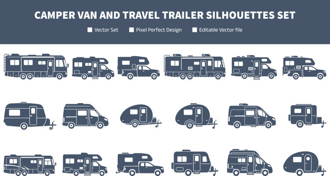 Camper van and travel trailer silhouettes set with motorhome caravan RV vehicles isolated on white background vector collection
