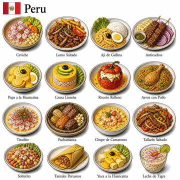  La imagen presenta los platos m&aacute;s famosos de la cocina peruana como ceviche, lomo saltado y aj&iacute; de gallina, destacando la diversidad y riqueza gastron&oacute;mica del Per&uacute;.
