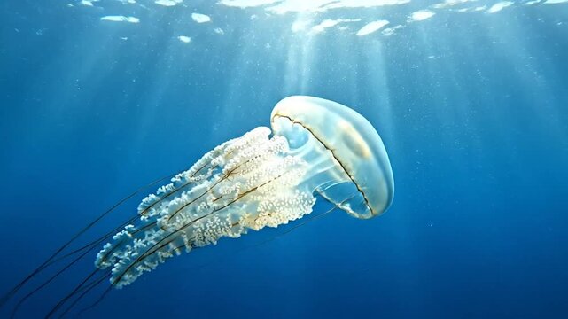 Translucent Jellyfish Swimming In Deep Blue Ocean Water With Bright Sunbeams Filtering From Surface