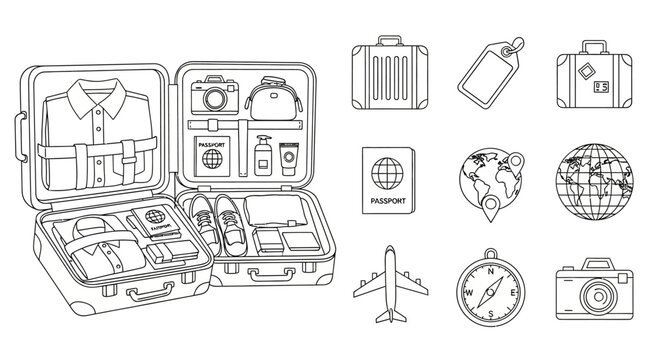 Doodle set of open suitcase with packed clothes and various travel icons.