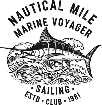 Vintage nautical emblem marine voyager sailing club established in 1981 with marlin and waves