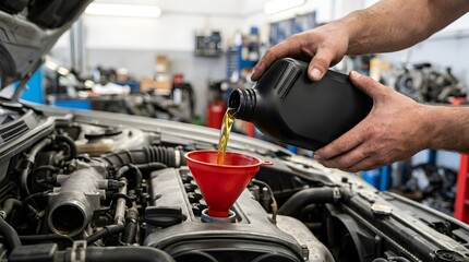Obraz premium Mechanic pours engine oil through a bright red funnel into the motor of an open vehicle hood at a repair station.