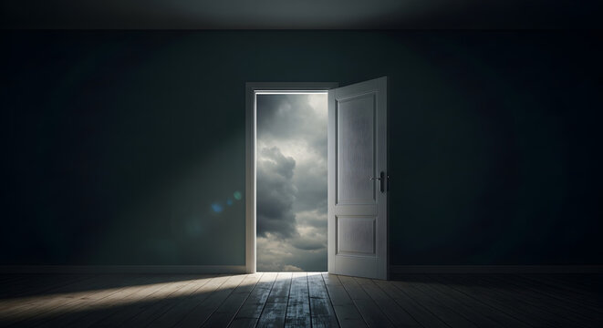 Open door in a dark room leading to a cloudy sky