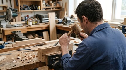 Fototapeta premium Woodworker uses a traditional wooden mallet and sharp chisel to carve a clean groove into a piece of timber secured firmly on a messy workbench.