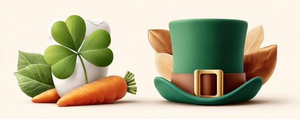 Naklejka premium St. Patrick's Day celebration with leprechaun hat, shamrock and festive vegetables