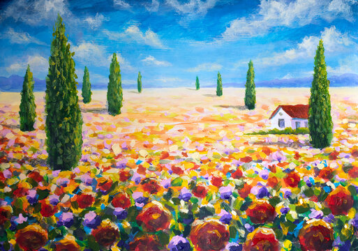 Tuscan landscape painting featuring cypress trees and poppy field