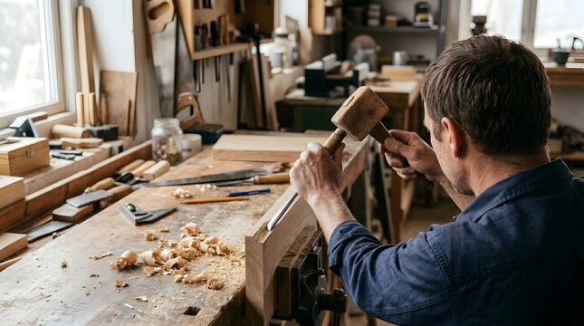 Craftsman skillfully strikes a wooden mallet against a steel chisel to shape a piece of raw timber on a cluttered, sawdust-covered wooden workbench.