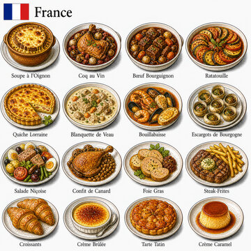  En la imagen se muestran los platos m&aacute;s famosos de la cocina francesa como sopa de cebolla, coq au vin, ratatouille y boeuf bourguignon, representando la alta gastronom&iacute;a tradicional de Francia.
