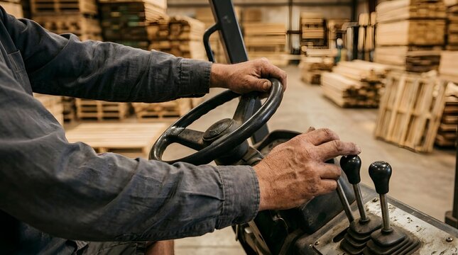 Forklift operator maneuvers heavy machinery through a cluttered lumber warehouse with stacked wooden pallets.