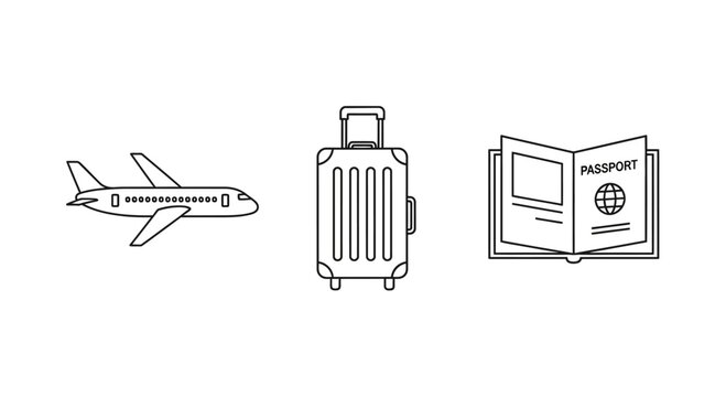 Set of travel icons featuring an airplane suitcase and open passport.