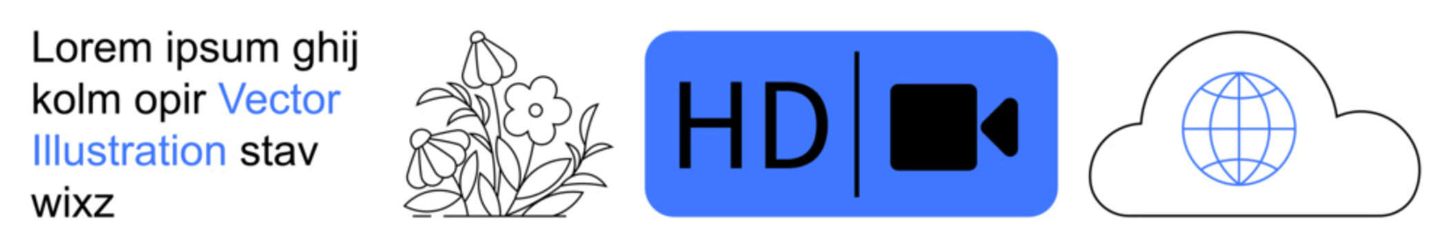 Multimedia technology, digital storage, cloud services, online video, modern design, creative layouts. HD video icon, cloud graphic text with floral element. Multimedia and digital storage concepts
