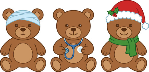 Obraz premium Cute Teddy Bear Vector Set with Medical, Winter, and Christmas Themes, Cartoon Plush Toy Characters for Kids Design and Holiday Illustrations
