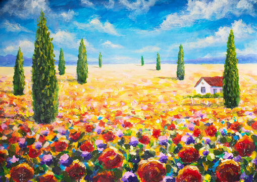 Tuscany landscape painting with cypress trees and poppy field