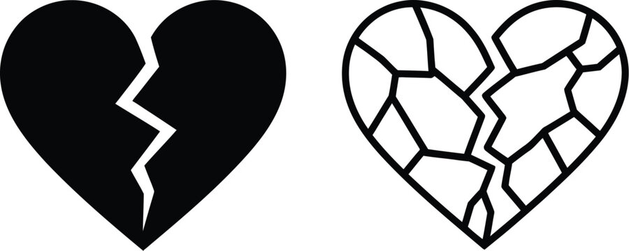 Set of broken heart icons featuring a solid black silhouette with a jagged crack and a shattered line art design