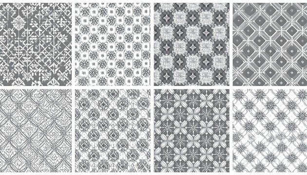 A 2x4 grid of monochromatic geometric pattern tiles