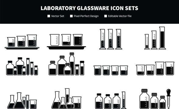 Mega collection of twelve laboratory glassware icon sets featuring beakers flasks graduated cylinders and reagent bottles with liquid levels isolated on white.