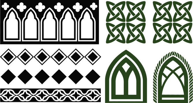 Set of traditional Celtic knot patterns and gothic arch window borders featuring green and black geometric cultural symbols for decoration