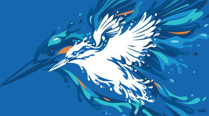Abstract kingfisher bird in flight with dynamic water splashes, vibrant blue and orange streaks, energy and freedom illustration © nice